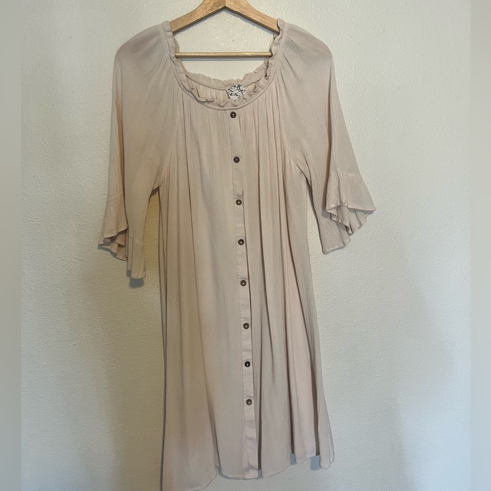 Cream Button-Down Dress with Ruffle Sleeves
